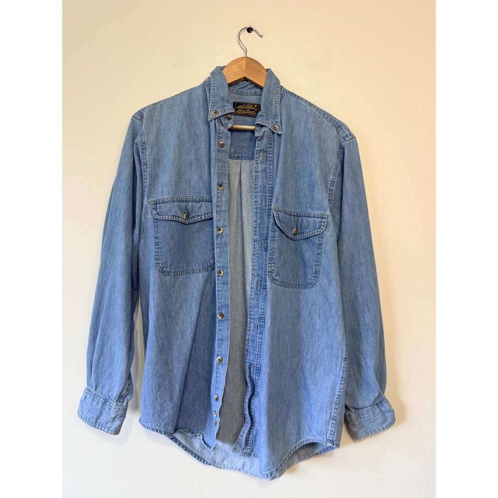 Eddie Bauer Women Medium Wash Denim Button Down Shirt Cotton Petite Small